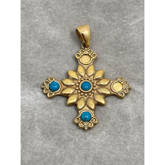 Gold-Plated 925 Silver Cross Pendant With Blue Accents - missing 2 stones - Picture 1 of 12